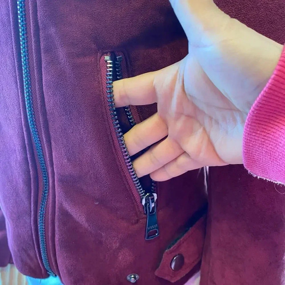 Y2K Vigoss Faux Fur Suede Burgundy Motorcycl Jacket Women S-M Pockets Full Zip - Picture 7 of 9